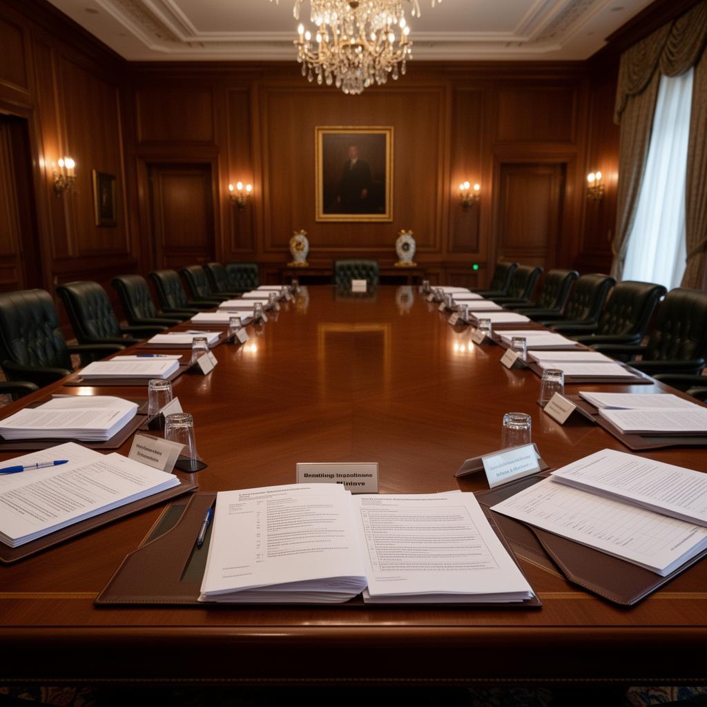Sala de reunião formal com atas e documentos